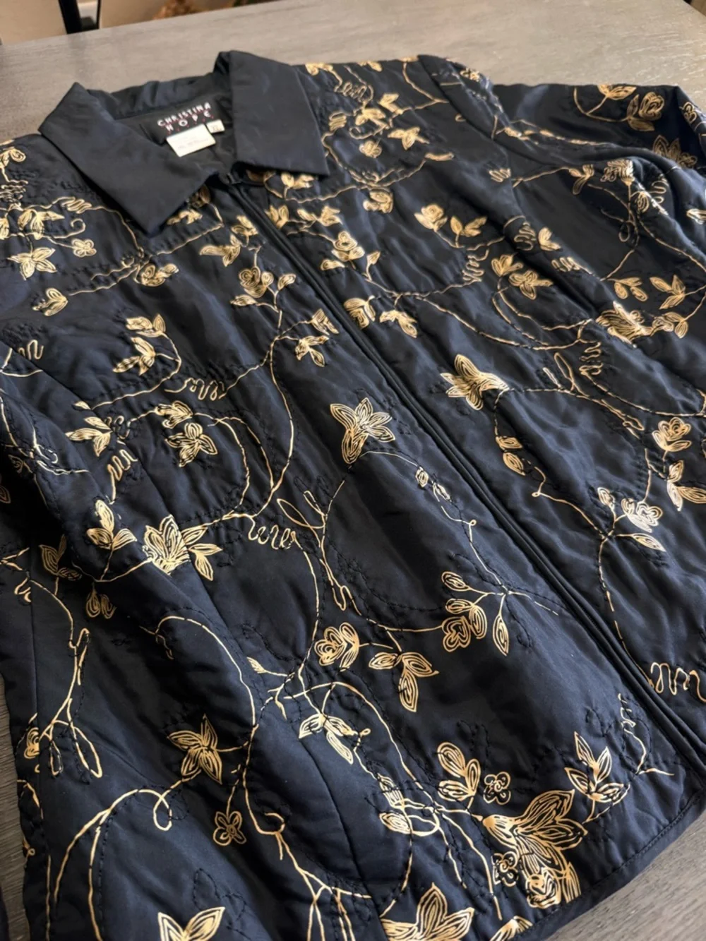 Vintage Silk Quilted Jacket Black Gold Floral Top XL Christina Hope